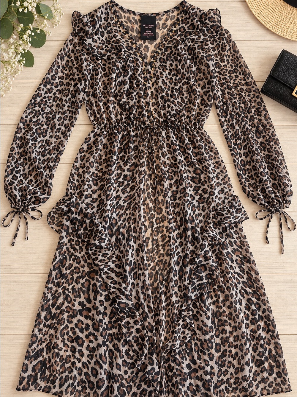 Victoria’s Secret Leopard Print Ruffle Maxi Robe Cover-Up Size Med/Lg